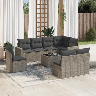 Set canapele de grădină, 9 piese, cu perne, gri, poliratan GartenMobel Dekor