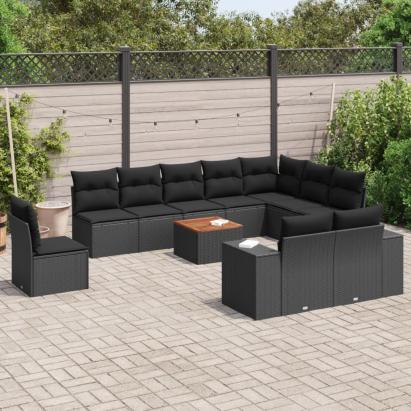 Set canapele de grădină cu perne, 11 piese, negru, poliratan GartenMobel Dekor