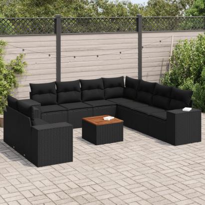 Set canapele de grădină cu perne, 10 piese, negru, poliratan GartenMobel Dekor
