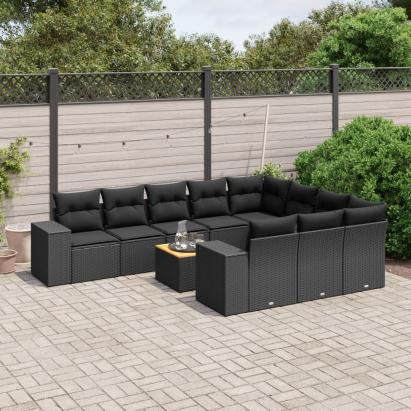 Set canapele de grădină cu perne, 11 piese, negru, poliratan GartenMobel Dekor