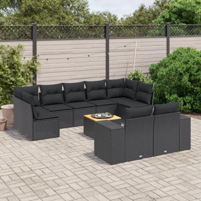 Set canapele de grădină cu perne, 10 piese, negru, poliratan GartenMobel Dekor