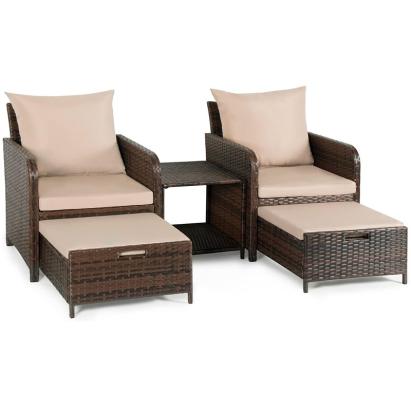 Set mobilier gradina, 2 fotolii si 2 tabureti otoman, masuta cafea, perne incluse, maro MultiMark GlobalProd