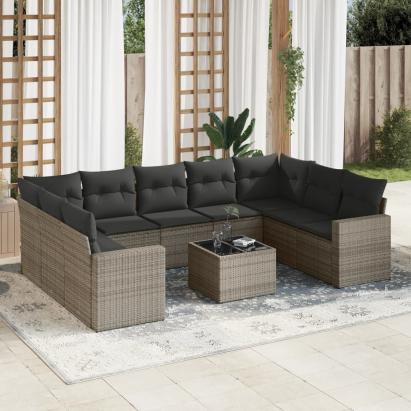 Set mobilier de grădină cu perne, 10 piese, gri, poliratan GartenMobel Dekor