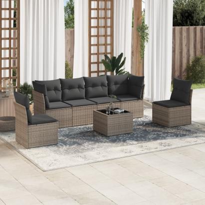 Set canapele de grădină, 7 piese, cu perne, gri, poliratan GartenMobel Dekor
