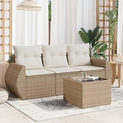 Set canapele de grădină, 4 piese, cu perne, bej, poliratan GartenMobel Dekor