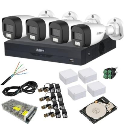 Kit Dahua 4 camere analog 5MP IR 20m lumina alba 20m lentila 3.6mm, DVR 4 canale 5MP, sursa 12V 10A, video balun, doza, cablu UTP CAT5, mufe, HDD 1TB SafetyGuard Surveillance