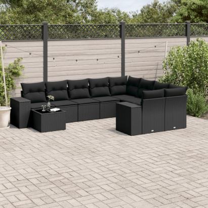 Set canapele de grădină cu perne, 10 piese, negru, poliratan GartenMobel Dekor