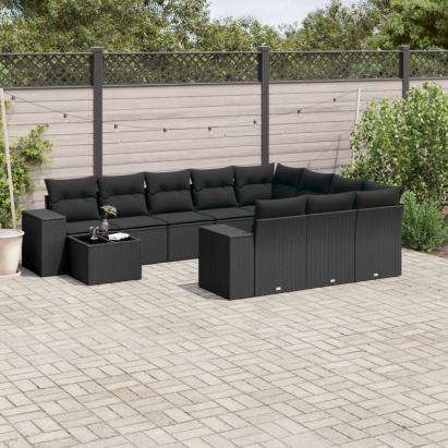 Set canapele de grădină cu perne, 11 piese, negru, poliratan GartenMobel Dekor