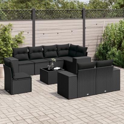 Set mobilier de grădină cu perne, 9 piese, negru, poliratan GartenMobel Dekor