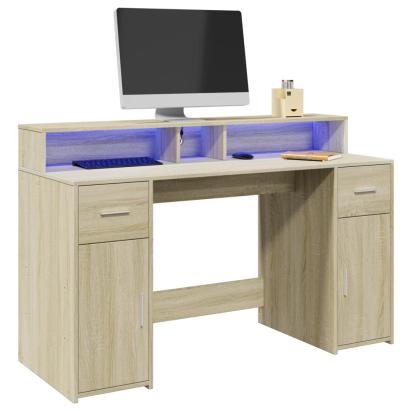 Birou cu lumini LED stejar sonoma, 140x55x91 cm, lemn prelucrat GartenMobel Dekor