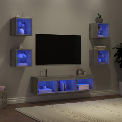 Unități de perete TV cu LED-uri, 7 piese, gri sonoma, lemn GartenMobel Dekor