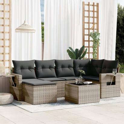 Set canapele de grădină, 7 piese, cu perne, gri, poliratan GartenMobel Dekor