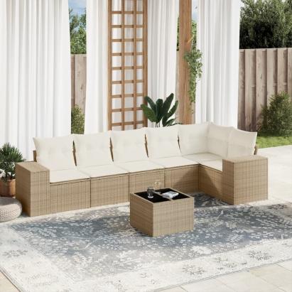 Set canapele de grădină, 7 piese, cu perne, bej, poliratan GartenMobel Dekor