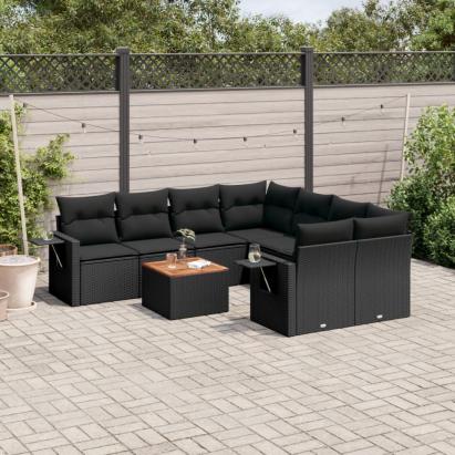 Set mobilier de grădină cu perne, 9 piese, negru, poliratan GartenMobel Dekor