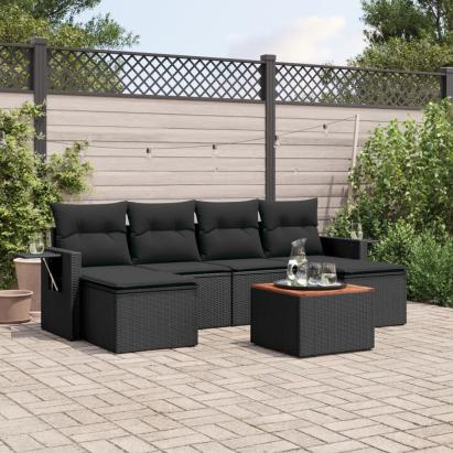 Set canapele de grădină cu perne, 7 piese, negru, poliratan GartenMobel Dekor