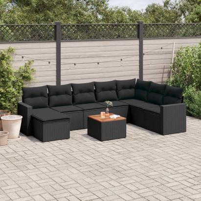 Set mobilier de grădină cu perne, 9 piese, negru, poliratan GartenMobel Dekor