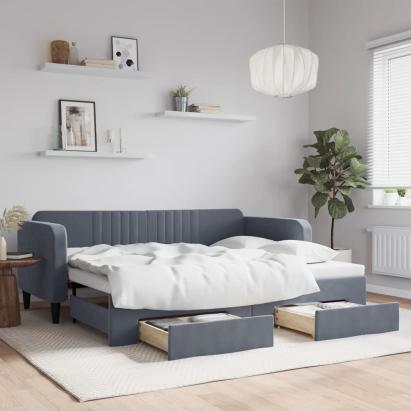 Pat de zi cu extensie și sertare gri închis 90x200 cm catifea GartenMobel Dekor