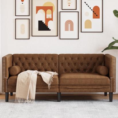 Canapea Chesterfield cu perne/2 locuri maro piele întoarsă eco. GartenMobel Dekor