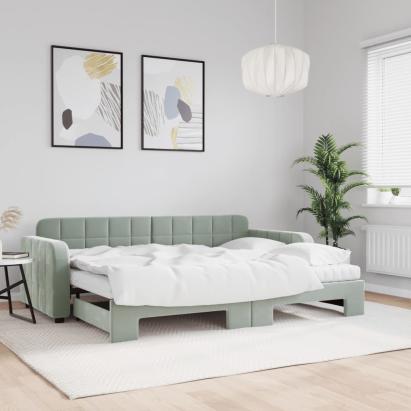 Pat de zi cu extensie și saltele, gri deschis 80x200 cm catifea GartenMobel Dekor