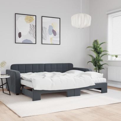 Pat de zi cu extensie și saltele gri închis 80x200 cm catifea GartenMobel Dekor