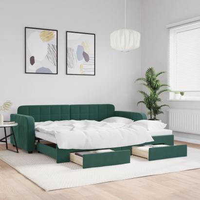 Pat de zi cu extensie și sertare verde închis 90x200 cm catifea GartenMobel Dekor