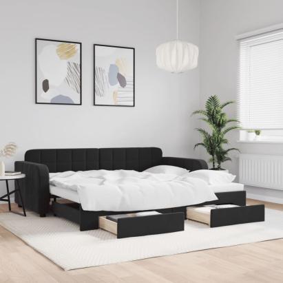 Pat de zi cu extensie și sertare, negru, 90x200 cm, catifea GartenMobel Dekor