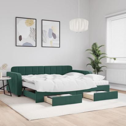 Pat de zi cu extensie și sertare verde închis 90x200 cm catifea GartenMobel Dekor