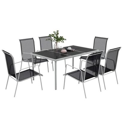 Set mobilier gradina/terasa, otel, blat sticla securizata, negru si argintiu, 1 masa, 6 scaune, Twist GartenVIP DiyLine