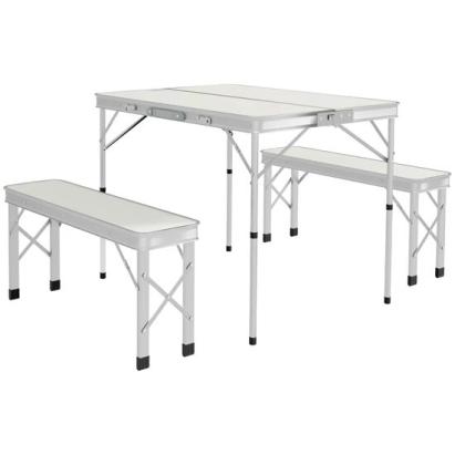 Set mobilier gradina/camping, pliabil, 1 masa, 2 banci, MDF si aluminiu, alb, 90 cm, Frankfurt GartenVIP DiyLine