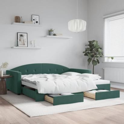 Pat de zi cu extensie și sertare verde închis 100x200cm catifea GartenMobel Dekor