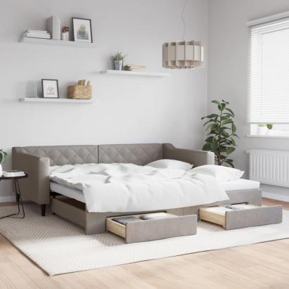 Pat de zi cu extensie și sertare, gri taupe, 100x200 cm, textil GartenMobel Dekor