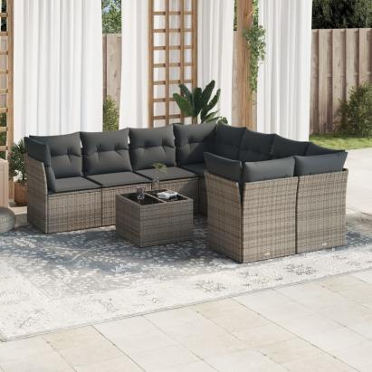 Set canapele de grădină, 9 piese, cu perne, gri, poliratan GartenMobel Dekor