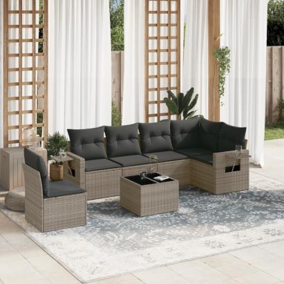 Set canapele de grădină, 7 piese, cu perne, gri, poliratan GartenMobel Dekor