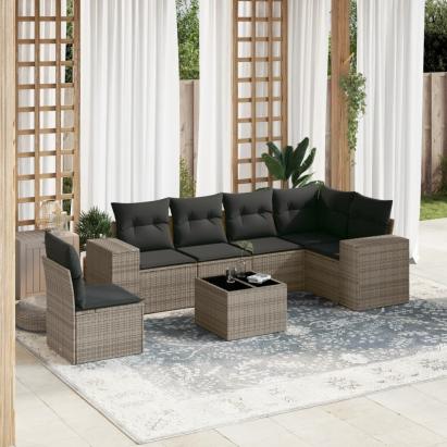 Set canapele de grădină, 7 piese, cu perne, gri, poliratan GartenMobel Dekor