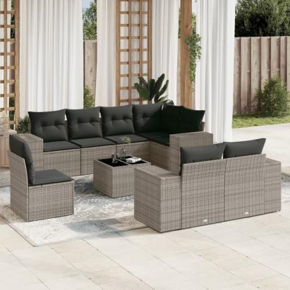Set canapele de grădină, 9 piese, cu perne, gri, poliratan GartenMobel Dekor
