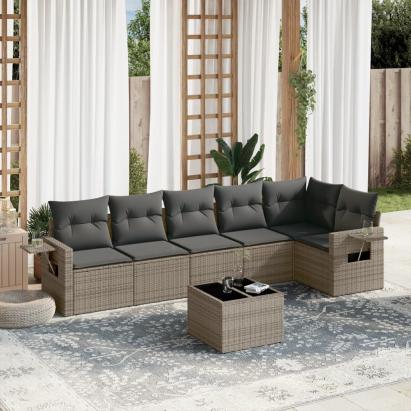 Set canapele de grădină, 7 piese, cu perne, gri, poliratan GartenMobel Dekor