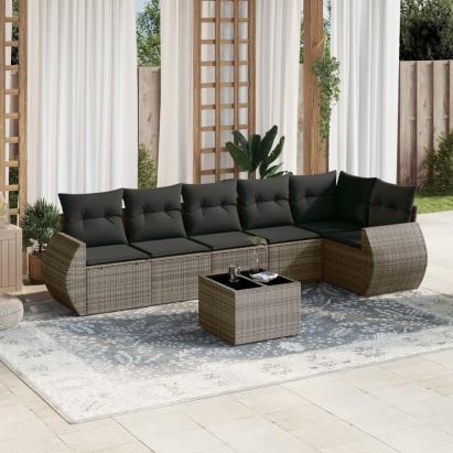 Set canapele de grădină, 7 piese, cu perne, gri, poliratan GartenMobel Dekor