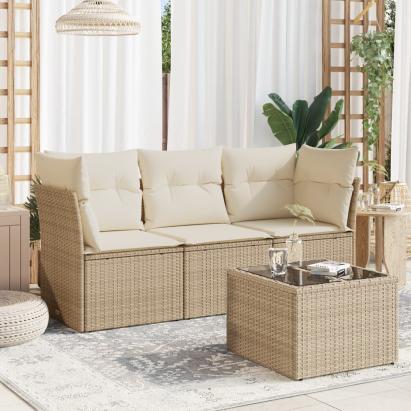 Set canapele de grădină, 4 piese, cu perne, bej, poliratan GartenMobel Dekor