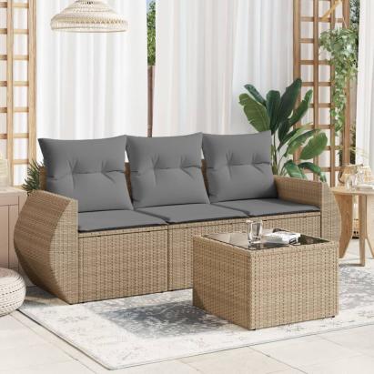 Set canapele de grădină, 4 piese, cu perne, bej, poliratan GartenMobel Dekor