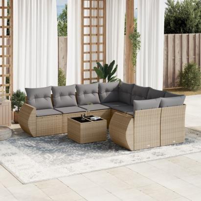 Set canapele de grădină, 9 piese, cu perne, bej, poliratan GartenMobel Dekor