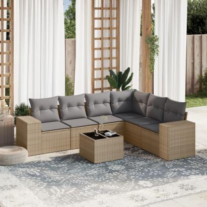 Set canapele de grădină, 7 piese, cu perne, bej, poliratan GartenMobel Dekor