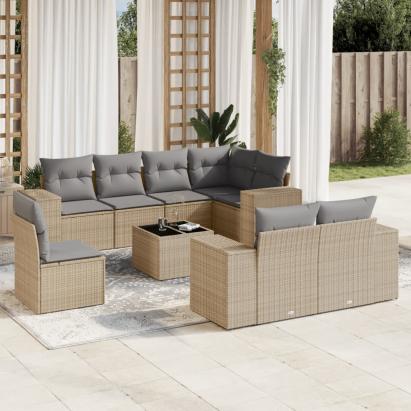Set canapele de grădină, 9 piese, cu perne, bej, poliratan GartenMobel Dekor