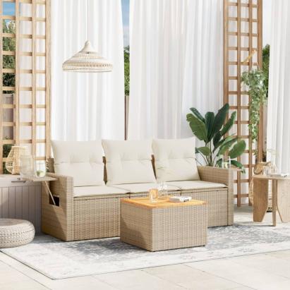 Set canapele de grădină, 4 piese, cu perne, bej, poliratan GartenMobel Dekor