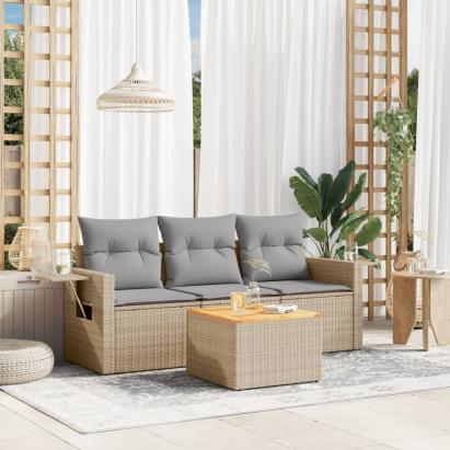 Set canapele de grădină, 4 piese, cu perne, bej, poliratan GartenMobel Dekor