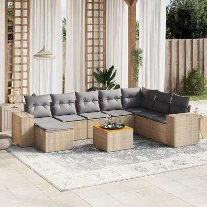 Set canapele de grădină, 9 piese, cu perne, bej, poliratan GartenMobel Dekor