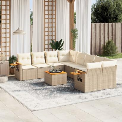 Set canapele de grădină, 9 piese, cu perne, bej, poliratan GartenMobel Dekor