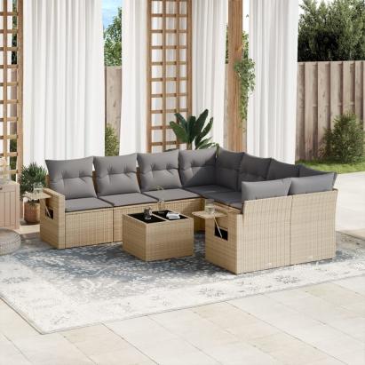 Set canapele de grădină, 9 piese, cu perne, bej, poliratan GartenMobel Dekor