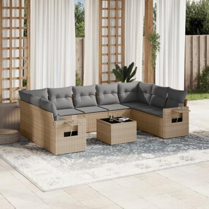 Set canapele de grădină cu perne, 10 piese, bej, poliratan GartenMobel Dekor