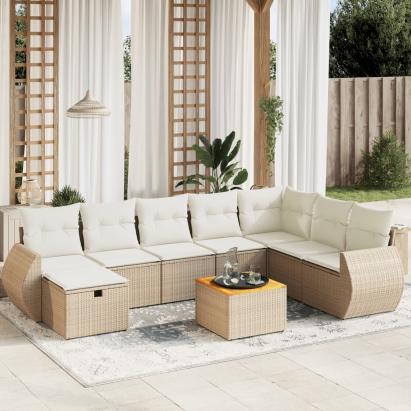 Set canapele de grădină, 9 piese, cu perne, bej, poliratan GartenMobel Dekor