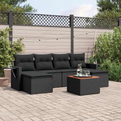 Set canapele de grădină cu perne, 7 piese, negru, poliratan GartenMobel Dekor
